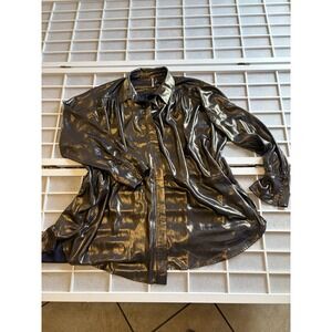 Free People Women's Bronze Metallic Oversized Baggy Flowy Button Down Top Sz S